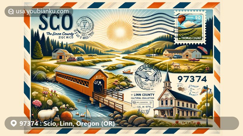 Modern illustration of Scio, Linn County, Oregon, representing ZIP code 97374, with Thomas Creek, covered bridge, E. C. Peery Building, and cultural symbols in vintage postcard style.