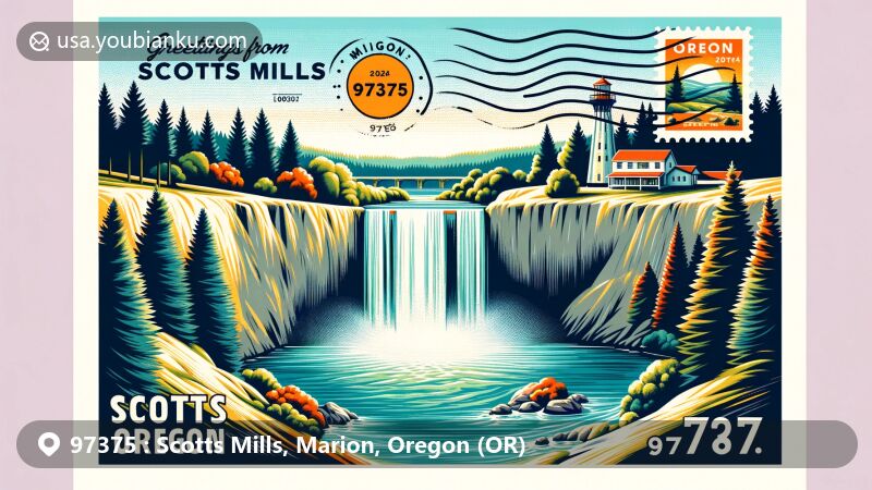 Modern illustration of Scotts Mills Falls, Marion County, Oregon with postcard design, vintage postage stamps, and 'Greetings from Scotts Mills, Oregon, 97375' text.