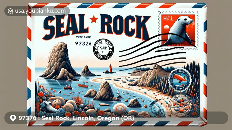 Modern illustration of Seal Rock, Lincoln County, Oregon, featuring ZIP code 97376 and air mail theme, showcasing Seal Rock State Park with Elephant Rock, seals, sea lions, tidepool exploration, and Oregon state symbols.