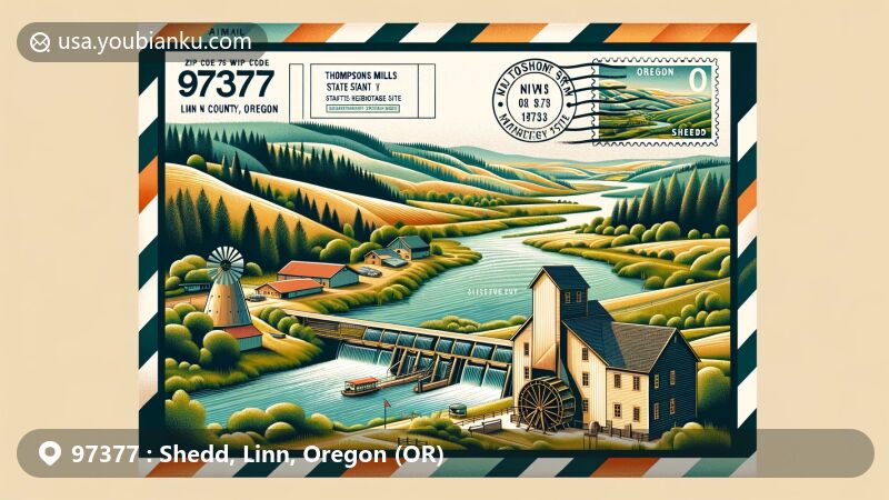 Modern illustration of Shedd, Linn County, Oregon, showcasing ZIP code 97377, featuring Thompson's Mills State Heritage Site and Oregon state symbols.