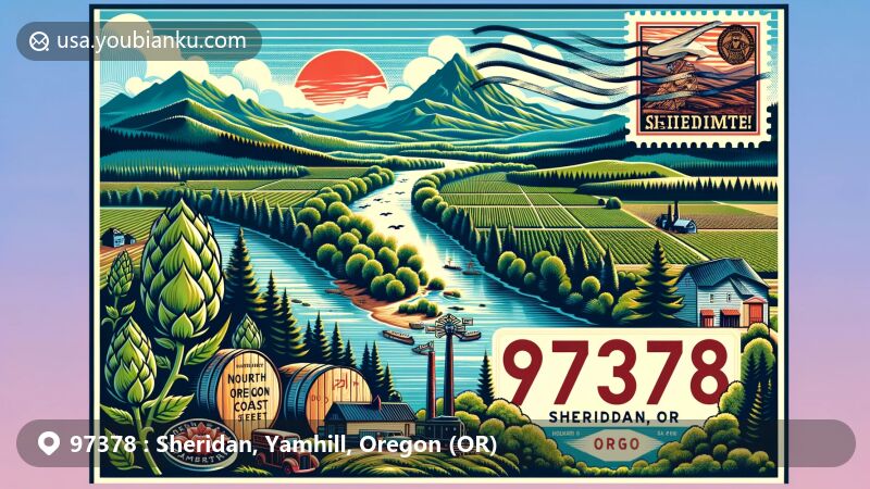 Modern illustration of Sheridan, Yamhill County, Oregon, featuring South Yamhill River, Willamette Valley, and Northern Oregon Coast Range, with stylized postal theme including vintage postcard, stamps, and postmark '97378 Sheridan, OR'.