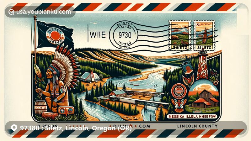 Modern illustration of Siletz, Oregon, featuring Nesika Illahee Pow Wow symbols, Siletz River landscapes, and totemic tribal culture representations, integrated with Oregon flag and Lincoln County outline.