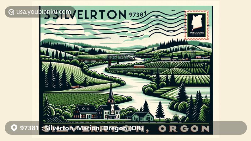 Modern illustration of Silverton, Marion County, Oregon, ZIP code 97381, capturing lush landscape with Silver Creek and Christmas tree farm, featuring historic Wolf Building silhouette. Postcard design mimics air mail envelope with Oregon state outline stamp.