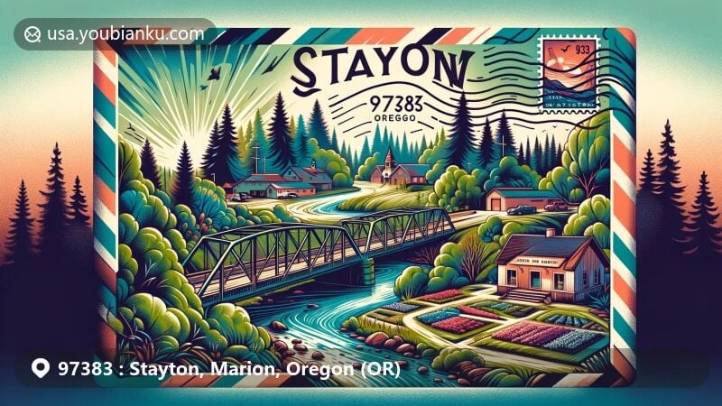 Modern illustration of Stayton, Oregon, showcasing lush greenery, North Santiam River, parks, and a postal theme with ZIP code 97383, featuring Jordan Bridge, Community Garden, and Stayton's scenic beauty.