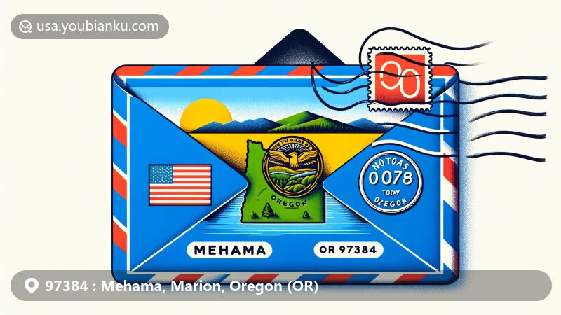 Modern illustration of an airmail envelope, showcasing Oregon state flag and North Santiam River outline, with Mehama postmark and postal code 97384.