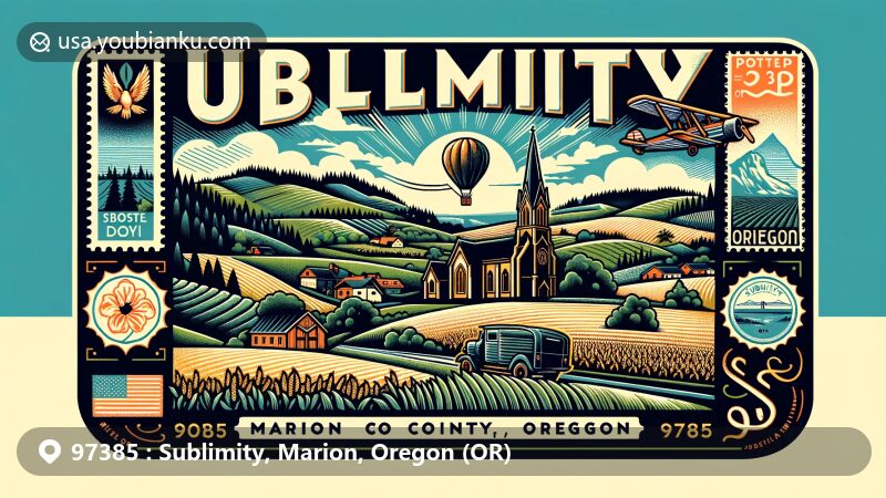 Contemporary illustration of Sublimity, Marion County, Oregon, emphasizing agricultural and tourism focus in the Willamette Valley, featuring St. Boniface Church and symbolic postal elements with ZIP code 97385.