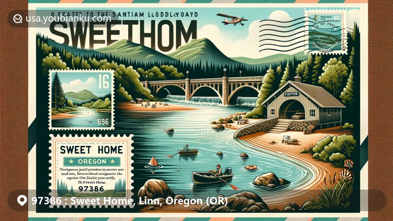Modern illustration of Sweet Home, Oregon, in Linn County, featuring ZIP code 97386, showcasing Foster Reservoir, Weddle Covered Bridge, and Cascade Mountains silhouette.