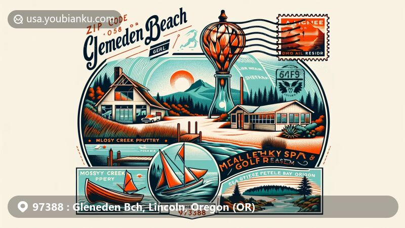Modern illustration of Gleneden Beach, Lincoln County, Oregon, with Alder House Glassblowing, Mossy Creek Pottery, Salishan Spa and Golf Resort, and Siletz Bay, showcasing local crafts, art, and leisure activities.