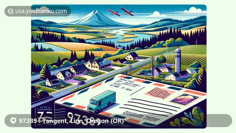 Modern illustration of Tangent, Linn County, Oregon, highlighting ZIP code 97389, with farmlands, forests, and postal elements like stamps and mail trucks.