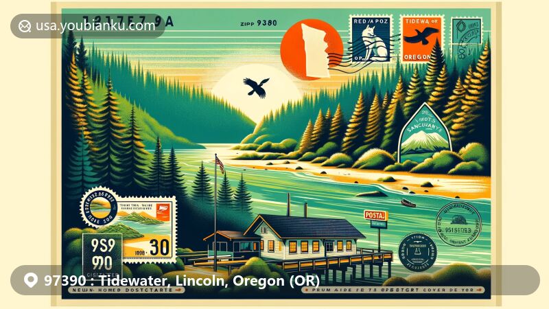 Modern illustration depicting the natural beauty of Tidewater, Oregon, with the Alsea River surrounded by lush forests, under a warm climate backdrop of either a sunrise or sunset. The foreground showcases postal heritage with a vintage postcard layout, including the ZIP code 97390, post office, White Wolf Sanctuary stamp, and postal mark.
