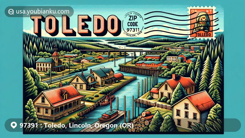 Modern illustration of Toledo, Lincoln County, Oregon, showcasing iconic elements like restored Victorian houses, timber industry with a sawmill, and Yaquina River significance, with a warm micro-climate near the coast and lush green landscape. Includes vintage postal theme with Oregon stamp, postmark 'February 25, 2024,' and 'Toledo, OR.'