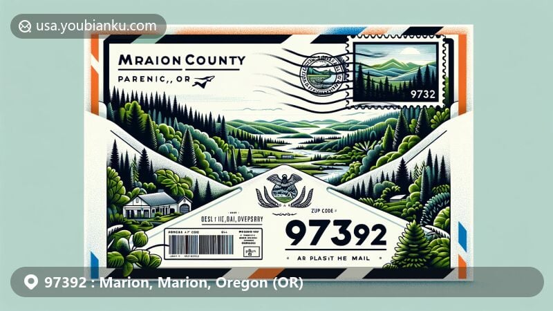 Illustration of Marion County, Oregon, highlighting lush green vegetation and iconic evergreen trees typical of the Pacific Northwest, with the outline of the county map and decorative airmail envelope featuring postal markings and an Oregon state flag stamp.