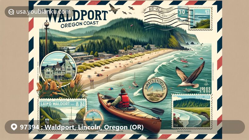 Modern illustration of Waldport, Lincoln County, Oregon, showcasing postal theme with ZIP code 97394, featuring Oregon Coast, outdoor activities like fishing, surfing, kayaking, and hiking, mild climate, lush landscape, and friendly atmosphere.