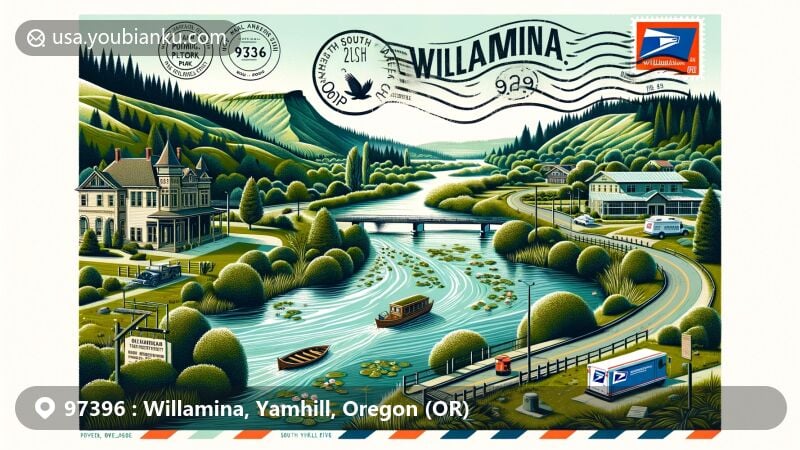 Modern illustration of Willamina, Oregon, featuring South Yamhill River and Willamina Creek, surrounded by lush greenery from Huddleston Pond Park, highlighting natural beauty and postal culture with vintage airmail envelope and postal symbols.