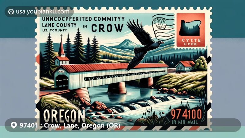 Modern illustration of Crow, Lane, Oregon showcasing Coyote Creek Bridge, a historic covered bridge in a picturesque setting, integrated with Oregon's natural beauty and vintage airmail theme.