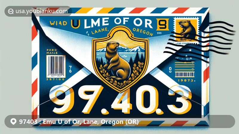Modern illustration of Emu U of Or area in Lane County, Oregon, featuring postal theme with ZIP code 97403, showcasing Oregon state flag with unique two-sided design and Lane County symbols.