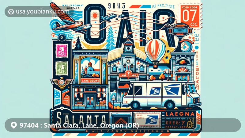 Modern illustration of Santa Clara, Lane County, Oregon, showcasing postal theme with ZIP code 97404, featuring Oregon state flag, Lane County outline, and Santa Clara Square Shopping Mall.