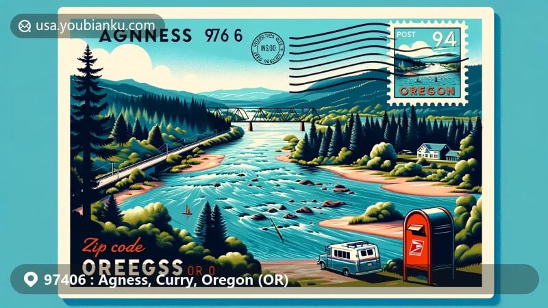 Modern illustration of ZIP Code 97406 in Agness, Curry County, Oregon, showcasing confluence of Lower Rogue and Illinois Rivers, forests, mountains, and outdoor activities like fishing and hiking.