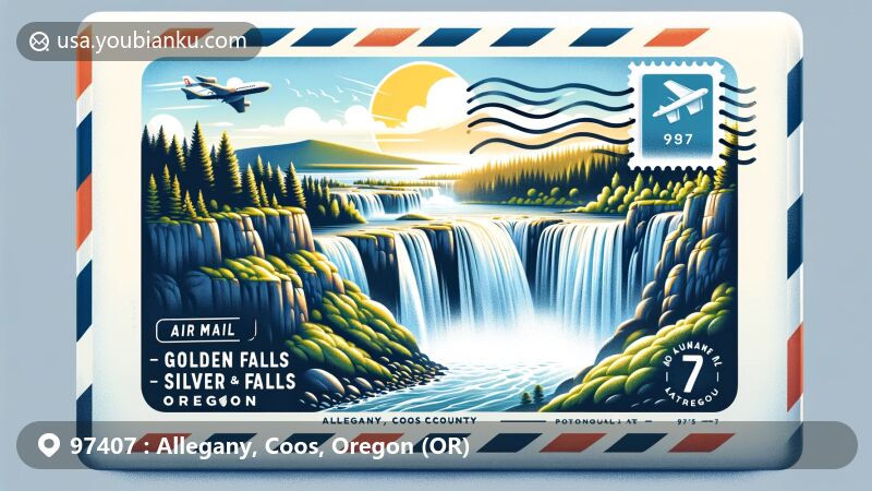 Modern illustration of air mail envelope featuring Golden Falls and Silver Falls in Allegany, Coos County, Oregon, with postal theme and Oregon state flag, showcasing geographical accuracy and natural beauty.