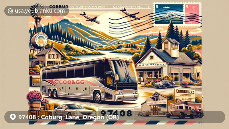 Vibrant wide-format illustration of Coburg Hills in Lane County, Oregon, near ZIP code 97408. Features natural beauty, Coburg Community Grange community engagement, Marathon Coach Corporation motorcoach, and postal elements like air mail envelope and postal truck.
