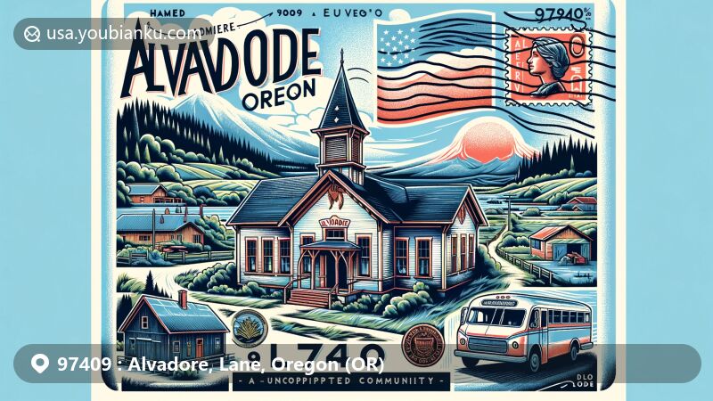 Modern illustration of Alvadore, Oregon, highlighting rural charm near Fern Ridge Reservoir and Eugene, featuring state flag, abandoned schoolhouse, and natural beauty.