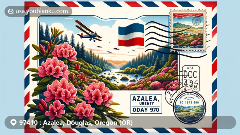 Modern illustration of Azalea, Douglas, Oregon (OR), reflecting postal theme with ZIP code 97410, featuring lush azalea flowers, Douglas County map, and Oregon state flag.