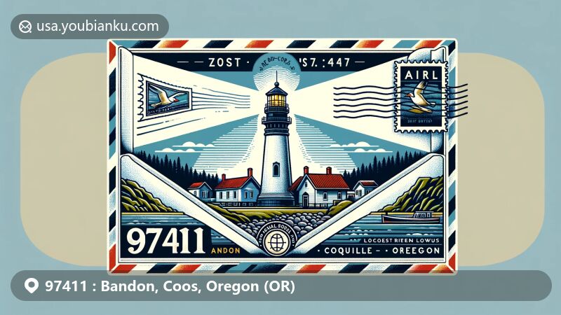 Modern illustration of Bandon, Coos County, Oregon, featuring Coquille River Lighthouse and Old Town scenery, incorporating postal theme with ZIP code 97411 and Oregon state symbols.