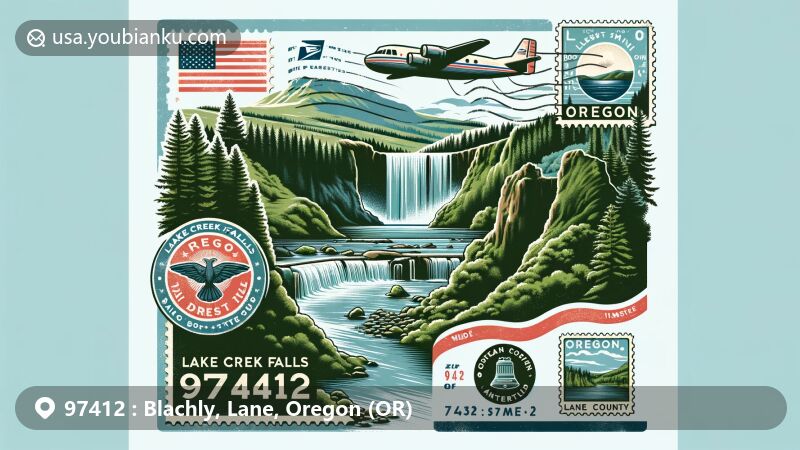 Modern illustration of Blachly, Oregon, featuring Lake Creek Falls and a vintage air mail envelope with ZIP code 97412, showcasing Oregon's state flag and Lane County outline.