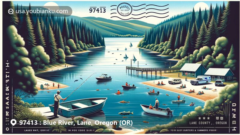Modern illustration of Blue River area in Lane County, Oregon, with ZIP code 97413, showcasing natural beauty and recreational activities with Blue River Reservoir, lush forests, campsite, and postal theme.