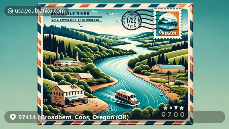 Modern illustration of Coquille River in Broadbent, Oregon, featuring small-town charm and historical significance with a creative postal theme.