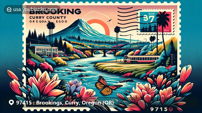 Modern illustration of ZIP code 97415, representing Brookings in Curry County, Oregon, featuring Chetco River, palm trees, Mount Emily, azaleas, monarch butterfly, vintage postcard layout, postal stamp, and Harris Beach State Park.