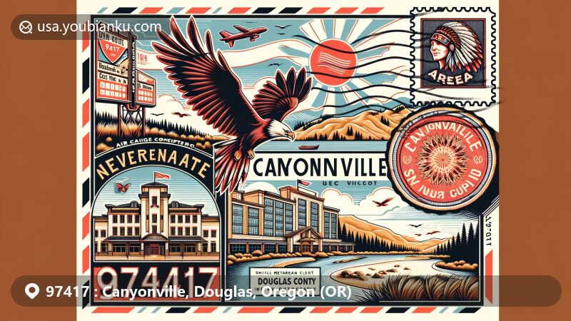 Modern illustration of Canyonville, Oregon, featuring Seven Feathers Casino Resort and Mediterranean climate, with visual elements of warm summers, sunshine, clear skies, and lush landscape, capturing the natural beauty of the region.