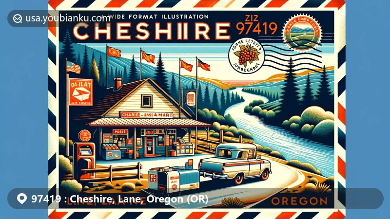 Vintage-style illustration of Cheshire, Lane County, Oregon, featuring Dari Mart convenience store and post office, Long Tom River, and Oregon state symbols, framed in an air mail envelope with postal stamps.