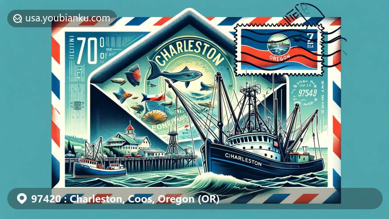 Modern illustration of Charleston, Oregon's commercial fishing fleet enveloped in a mail theme with Oregon state flag in the background.