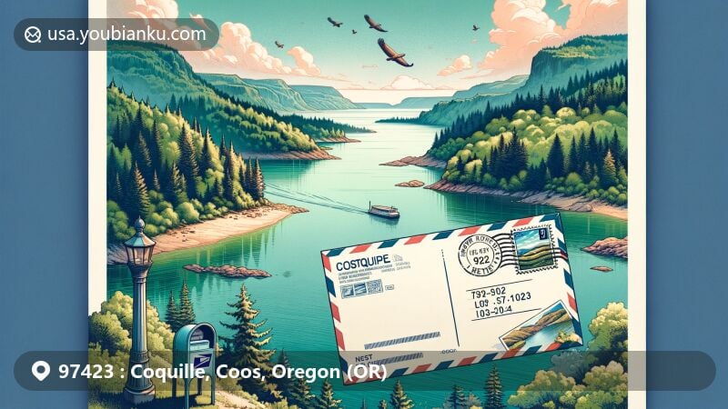 Modern illustration of Coquille, Oregon, blending natural beauty with postal elements, emphasizing the Coquille River, lush forests, and Mediterranean climate, featuring postcard design with postage stamp, postmark, and ZIP Code 97423.