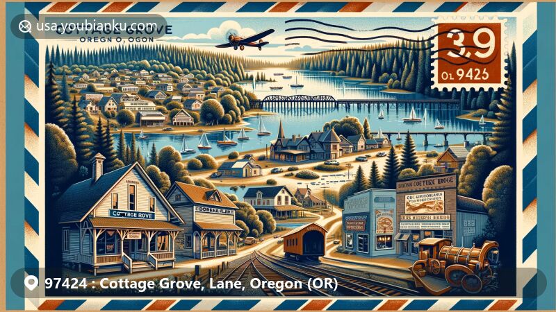 Modern illustration of Cottage Grove, Oregon, viewed through a vintage air mail envelope, featuring Dorena Lake, Cottage Grove Lake, historical murals, film locations from Stand By Me and Animal House, and landmarks like Cottage Grove Historical Museum and Bohemia Gold Mining Museum.