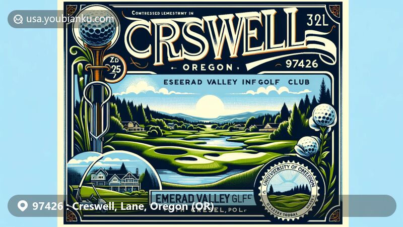 Modern illustration of Creswell, Oregon, highlighting the Emerald Valley Golf Club and postal theme with ZIP code 97426, capturing the town's small-town charm and natural beauty.