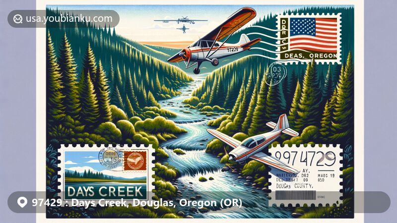 Modern illustration of Days Creek, Douglas County, Oregon, featuring scenic beauty of the creek amidst lush greenery, adorned with an aviation-themed envelope and Oregon state flag.