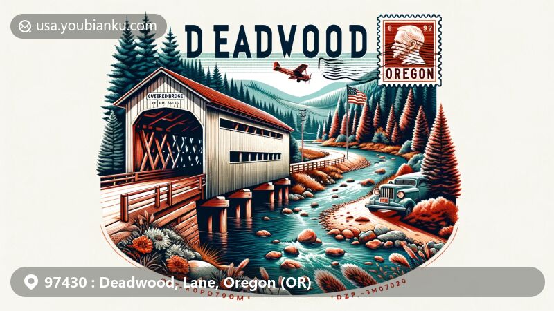Modern illustration of Deadwood, Oregon, ZIP code 97430, showcasing postal theme with iconic Covered Bridge, Oregon Coast Range, and vintage air mail envelope.