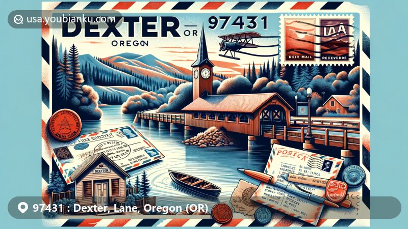 Modern illustration of Dexter, Oregon, featuring postal theme with ZIP code 97431, showcasing Dexter Reservoir and Parvin Bridge, surrounded by vintage postcard border with stamps, postmark, and Dexter Lake Club from the movie 'Animal House'.