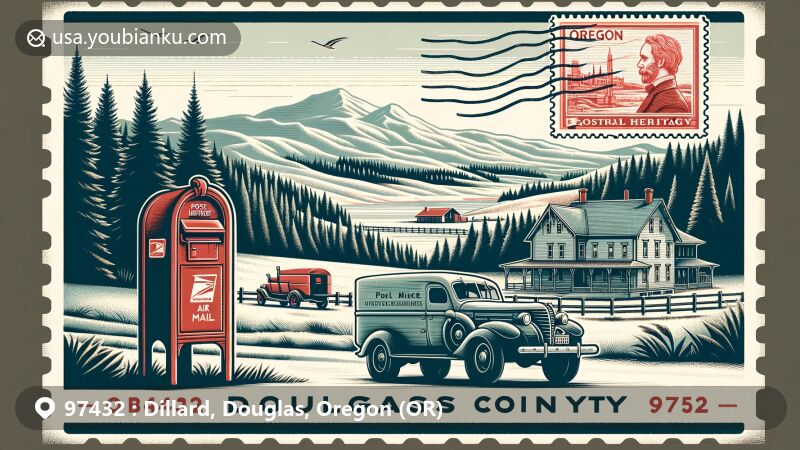 Modern illustration of Dillard, Douglas County, Oregon, focusing on the postal theme with ZIP code 97432, featuring Fort Astoria, a vintage air mail envelope, red postal mailbox, and a classic mail delivery truck.