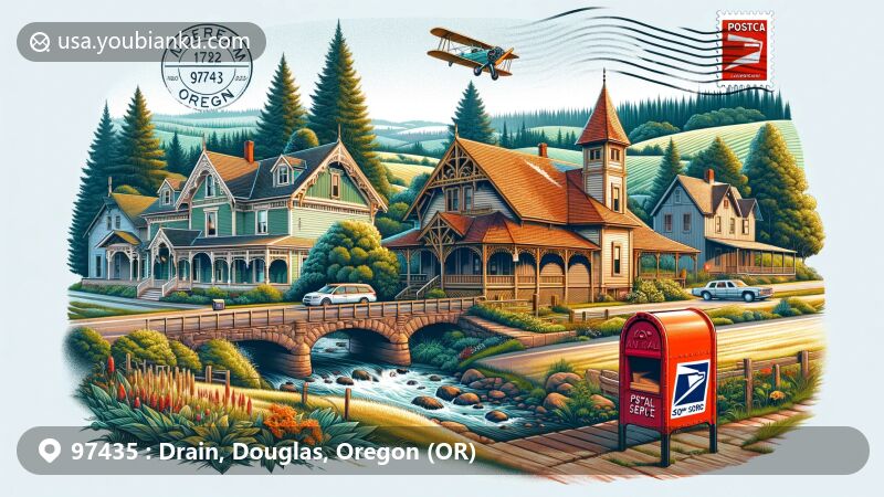 Modern illustration of Drain, Oregon, in Douglas County, featuring Victorian houses, covered bridges, and scenic Highway 38, with postal elements like vintage air mail envelope, ZIP Code 97435, and classic red mailbox.
