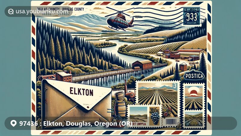 Modern illustration of Elkton, Douglas County, Oregon, showcasing postal theme with ZIP code 97436, featuring Umpqua River, Douglas fir forests, local vineyards, and historical Fort Umpqua against a backdrop of Oregon's coastal mountains.