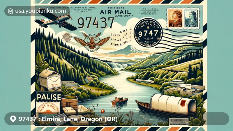 Modern illustration of Elmira, Lane County, Oregon, showcasing postal theme with ZIP code 97437, featuring Long Tom River and Fern Ridge Reservoir.