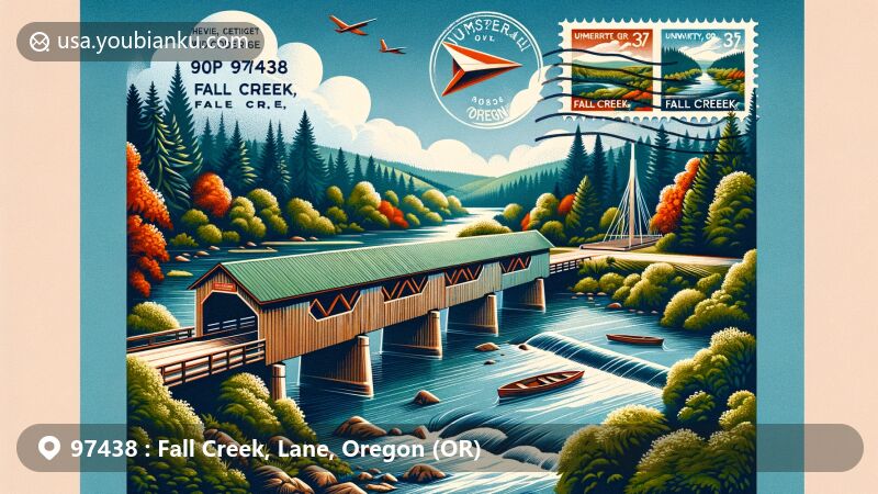 Modern illustration of Fall Creek, Lane County, Oregon, highlighting natural beauty and iconic covered bridges like Pengra Bridge and Unity Bridge, featuring elements of Willamette National Forest and Fall Creek Lake, with postal theme incorporating airmail envelope, stamps, postmark, and ZIP code 97438.