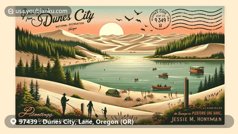 Modern illustration of Dunes City, Oregon, showcasing natural beauty with sand dunes, Siltcoos Lake, and Jessie M. Honeyman State Park, offering outdoor activities like fishing and kayaking. Sunset sky adds warmth to the scene, combined with postal nostalgia elements.
