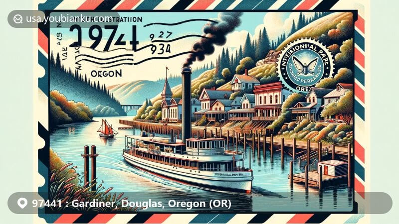 Modern illustration of Gardiner, Douglas County, Oregon, highlighting Gardiner Historic District, International Paper mill remnants, steamboat symbolizing trade history, picturesque riverfront, and Mediterranean climate.