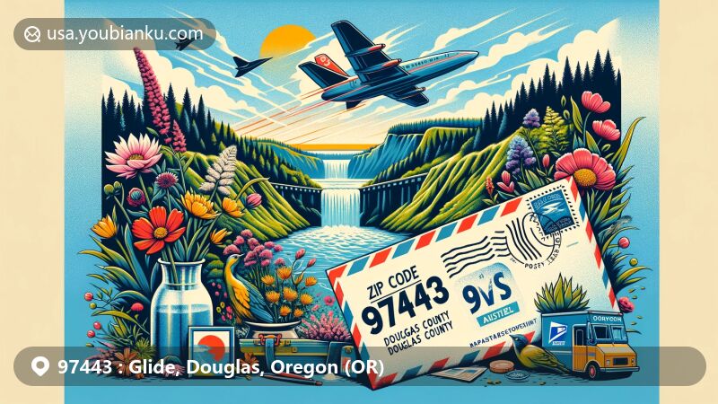 Modern illustration of Glide, Douglas County, Oregon, showcasing Colliding Rivers and Glide Wildflower Show, with a vibrant airmail envelope design featuring ZIP code 97443 and Oregon state flag.