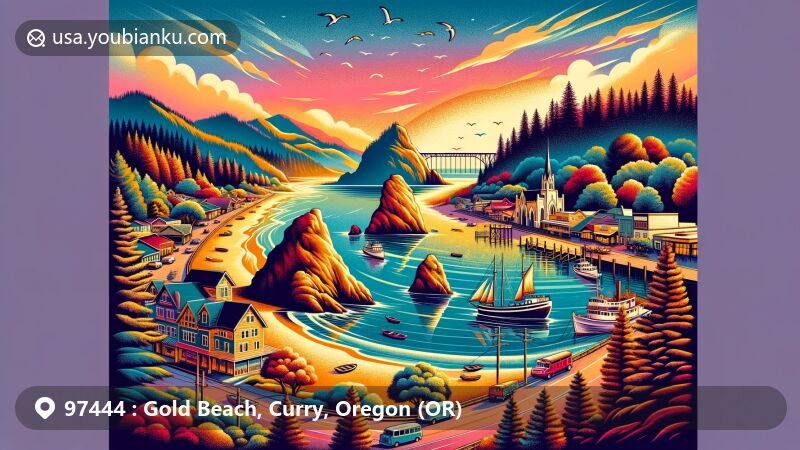 Modern illustration of Gold Beach, Oregon, showcasing Rogue River, Kissing Rock, and historic wreck of Mary D. Hume, representing warm-summer Mediterranean climate and rich local history.