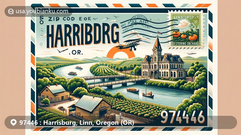Modern illustration of Harrisburg, Oregon, showcasing a stylized airmail envelope with ZIP code 97446, featuring Willamette River, Odd Fellows Hall, Detering Orchard, and Oregon state flag.